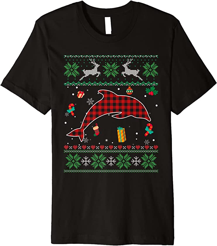 Funny Dolphin Red Plaid Christmas Ugly Animals Lover Premium T-Shirt