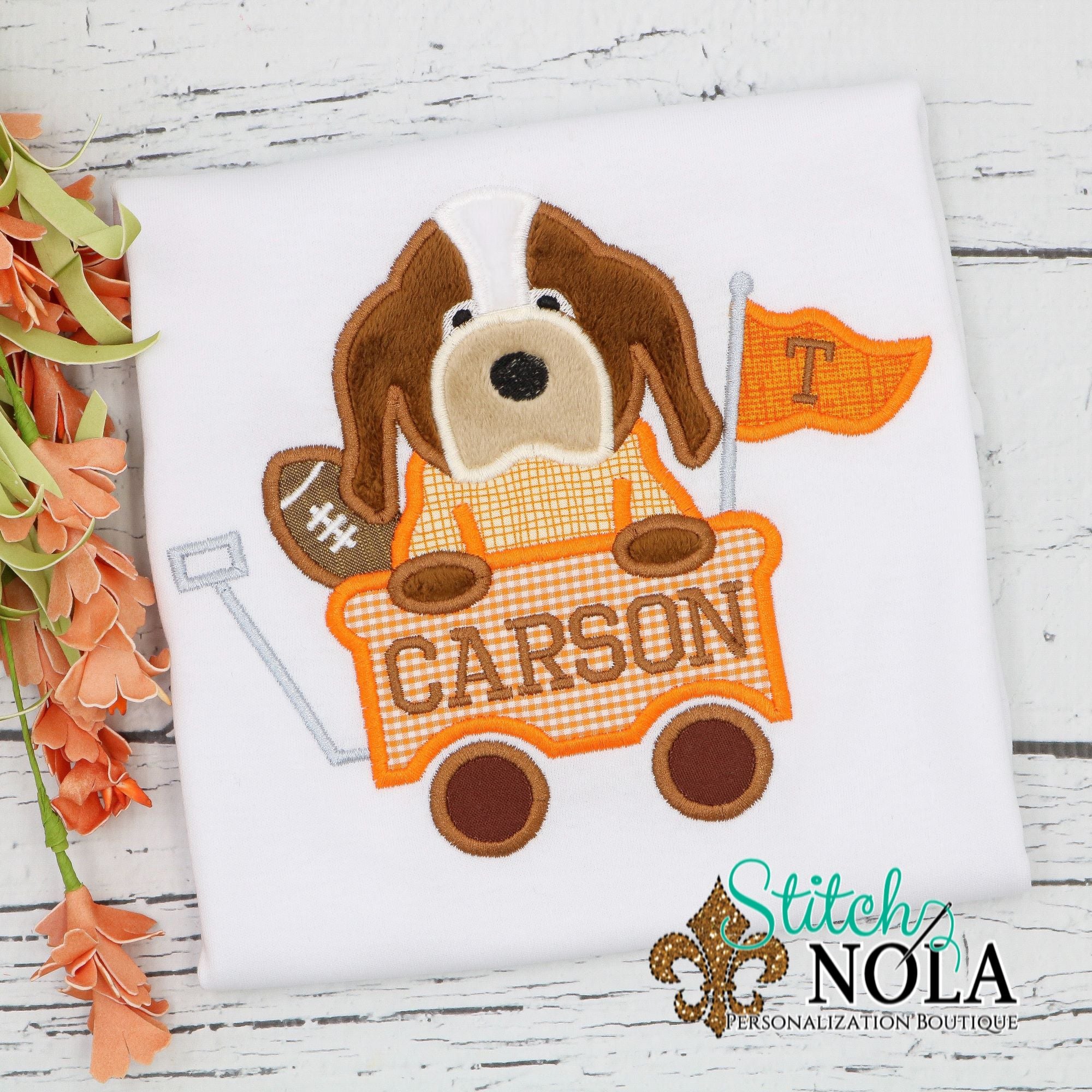 Personalized Football Puppy In Wagon Applique Shirt