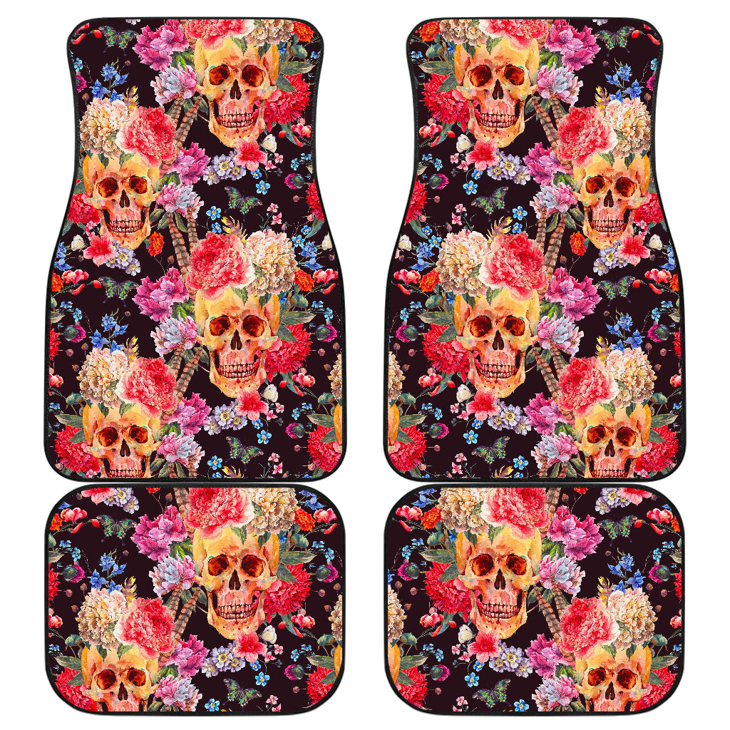 Blossom Peony Skull Pattern Print Front And Back Car Floor Mats, Front Car Mat