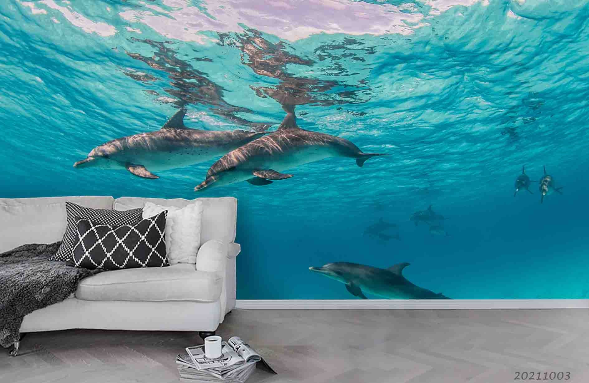 3D Blue Sea Animal Dolphin Wall Mural Wallpaper Lqh 387