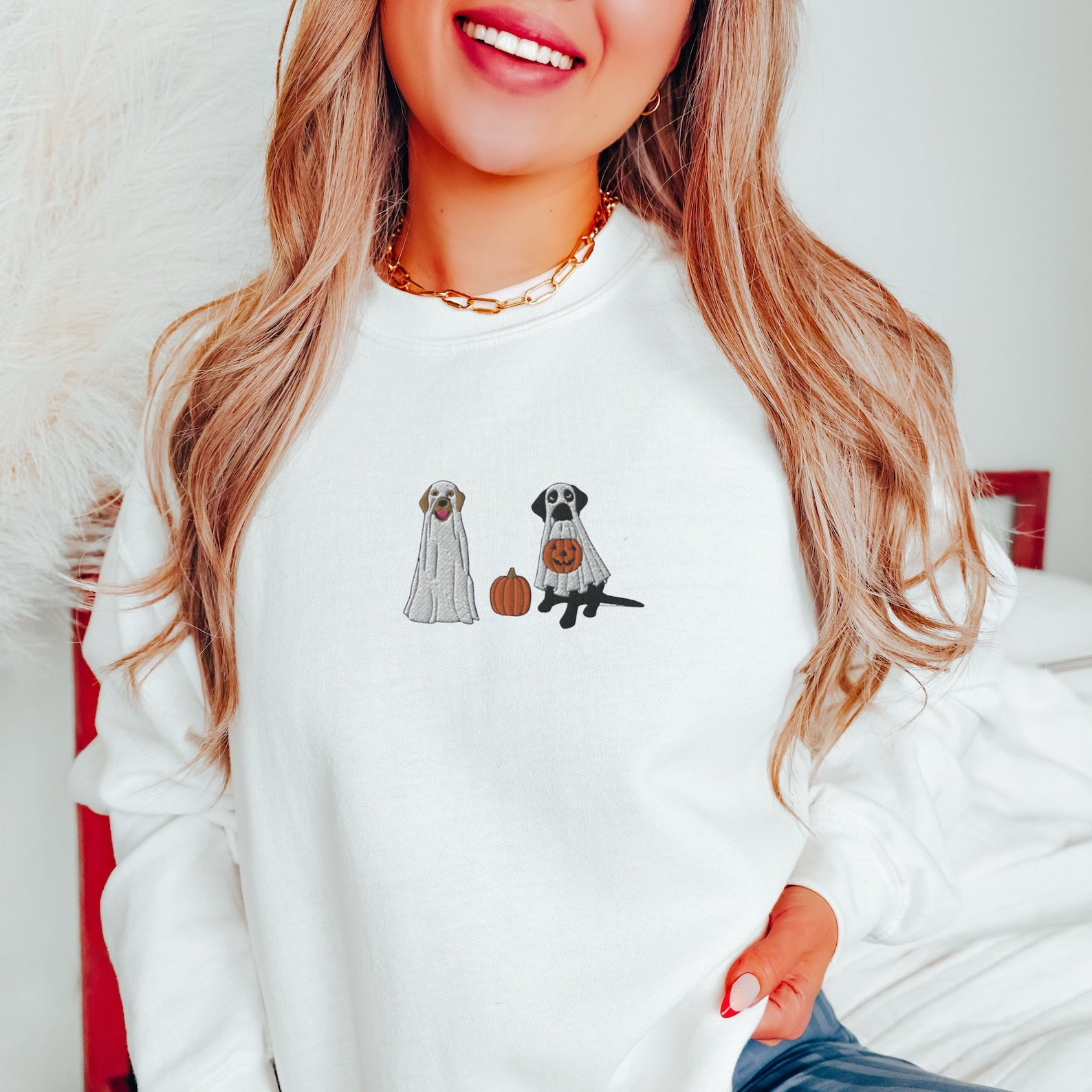 Halloween Dog Ghosts Embroidered Sweatshirt 2D Crewneck Sweatshirt All Over Print Sweatshirt For Women Sweatshirt For Men Sws2505