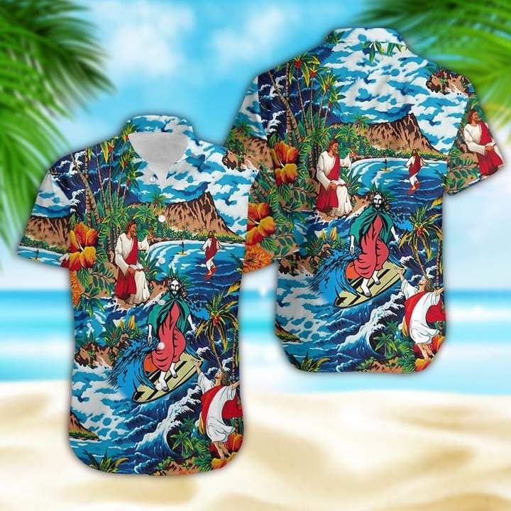 Jesus Surfing On Island Hawaii Graphic Print Short Sleeve Hawaii Shirt Ha65994