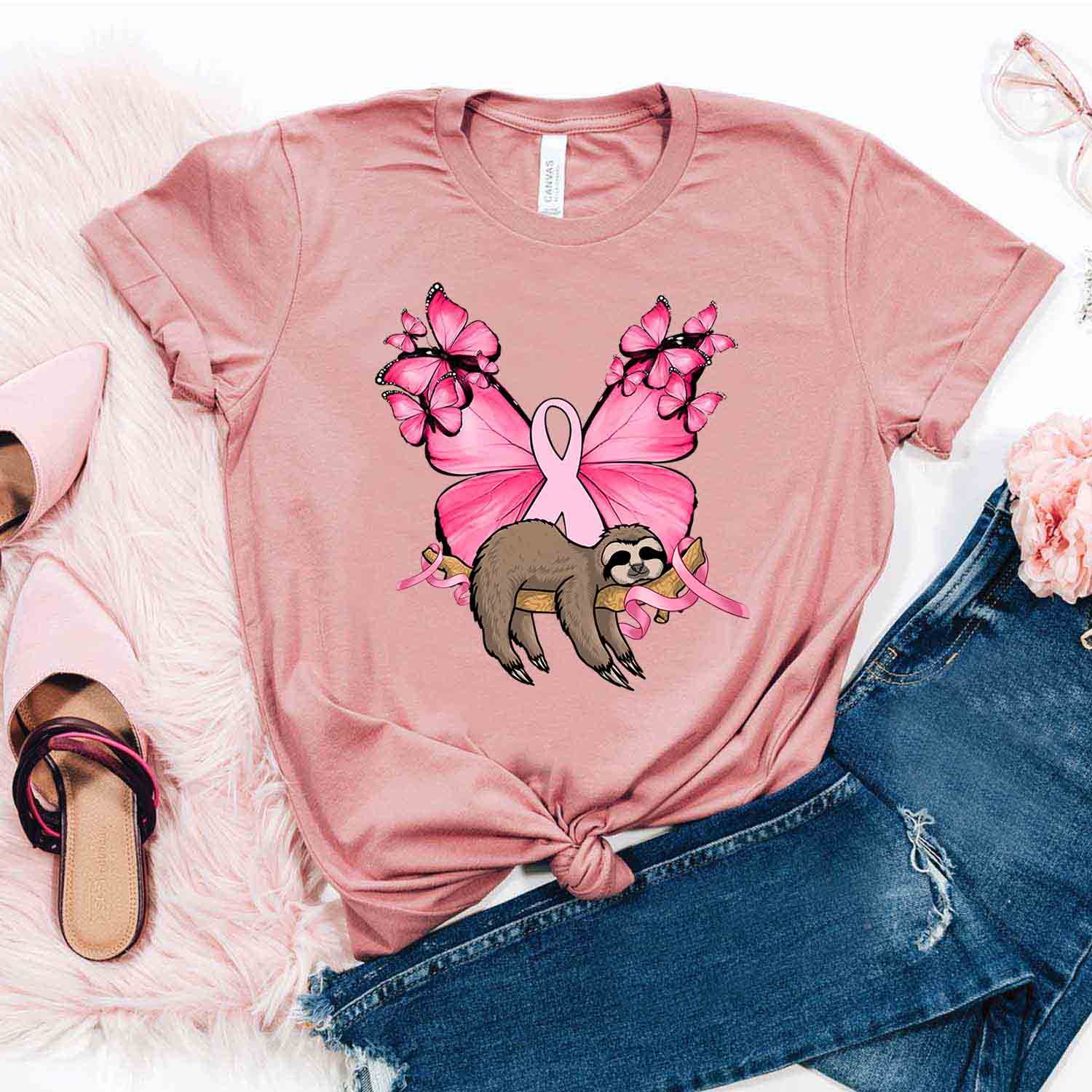 Pink Butterflies And Sloth Shirt – Breast Cancer Awareness T-Shirt Gifts For Mom Daughter Friends Hoodies Sweater Pink