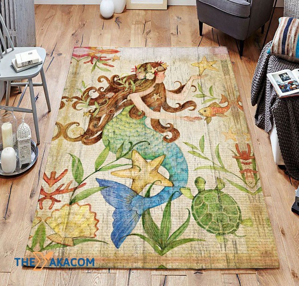 A Beautiful Mermaid And Sea Animals Rectangle Area Rug Floor Decor