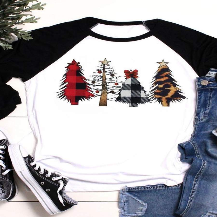 Christmas tree leopard printed baseball t-shirt tee