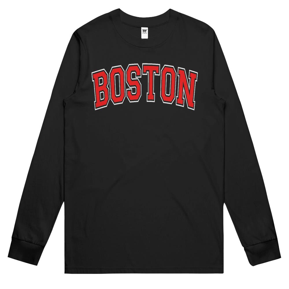 Boston Varsity Style Red Text Long Sleeve T Shirts