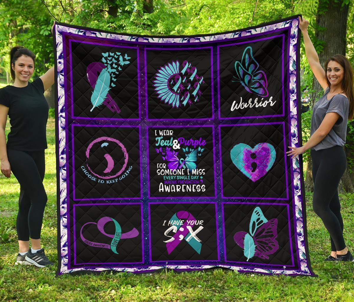 I Wear Teal And Purple Suicide Prevent Awareness Quilt Blanket