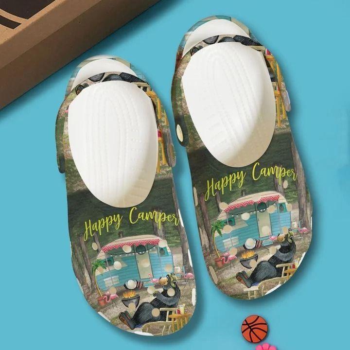 Camping Personalized Clog, Custom Name, Text Happy Camper Bear, Fashion Style For Women, Men, Kid, Print 3D