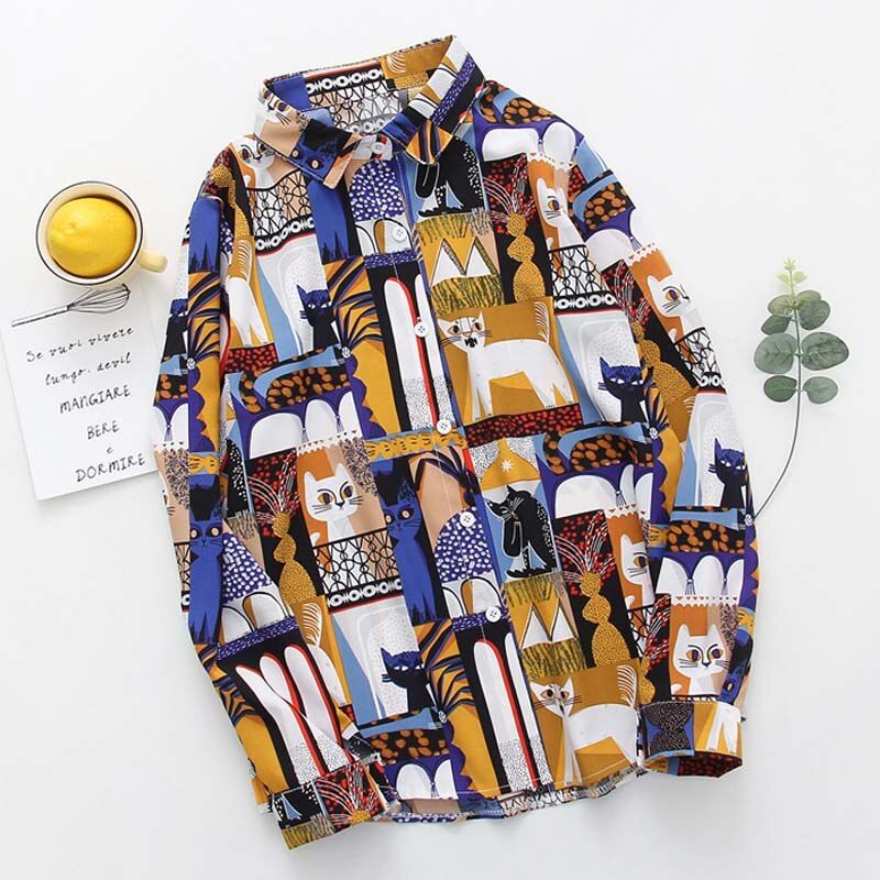 Blouse Shirt Plus Size Vintage Print Patchwork Long Sleeve