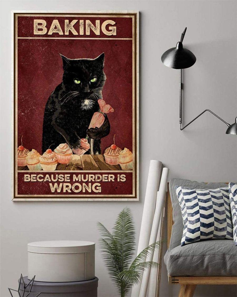 Black Cat Chef Poster, Baking Because Murder Is Wrong – Best Idea Gift , Gift For Home Decor, Gift For Family – Horizontal Canvas Matte Canvas Wall Art