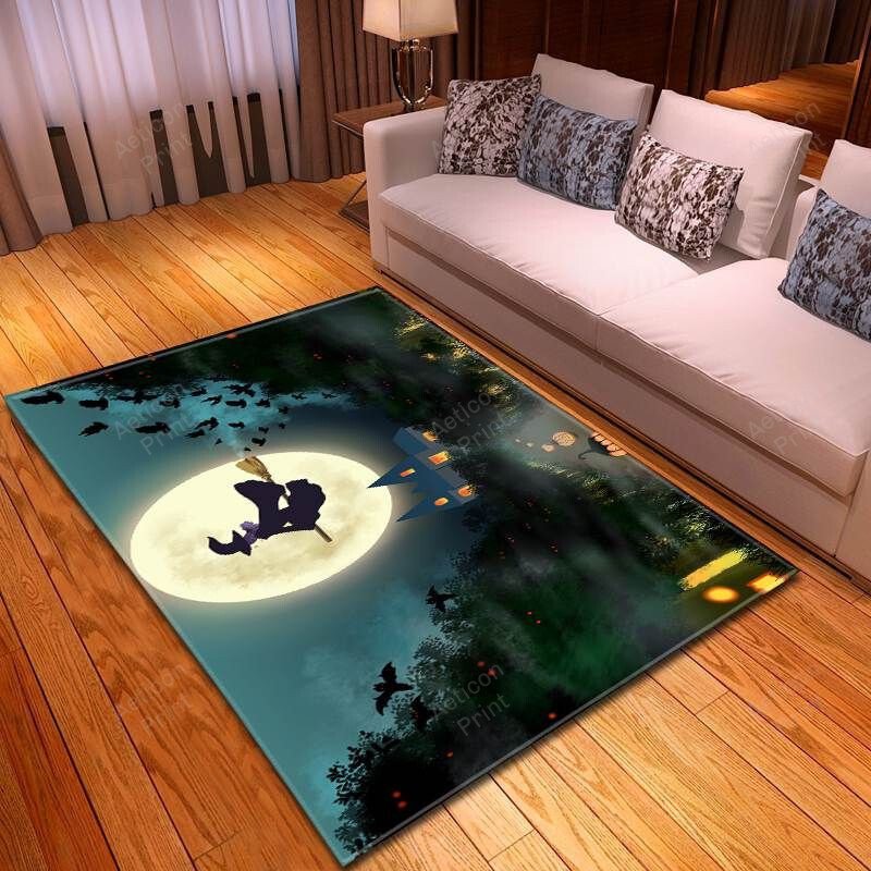 Scary Halloween The Witch Flying On The Magic Broom At Full Moon Carpet Living Room Area Rug Carpet Vintage Home Decor Gift Ideas