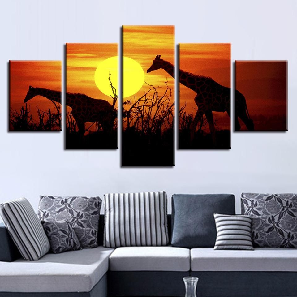 Sunset Giraffe 5 Animal 5 Panel Canvas Art Wall Decor