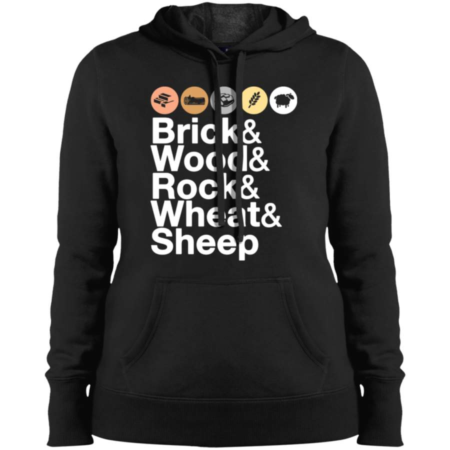 AGR Helvetica Settlers of Catan Brick, Wood, Rock, Wheat, Sheep  Board Game Geek Ampersand Design Ladies’ Pullover Hooded Sweatshirt