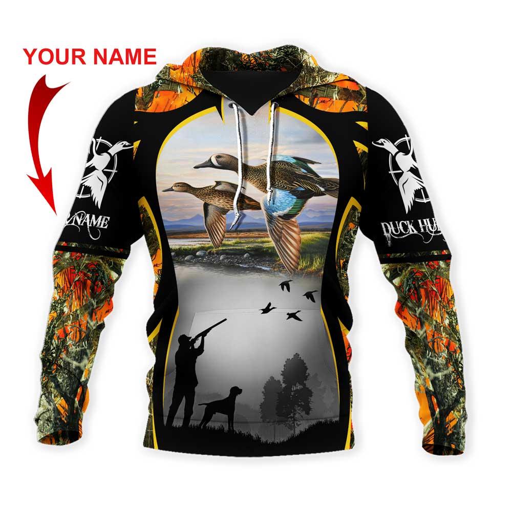 ViticStore⢠Hunting Couple of Ducks 3D Customized Name Orange & Black Shade All Over Printed 2XL Hoodie