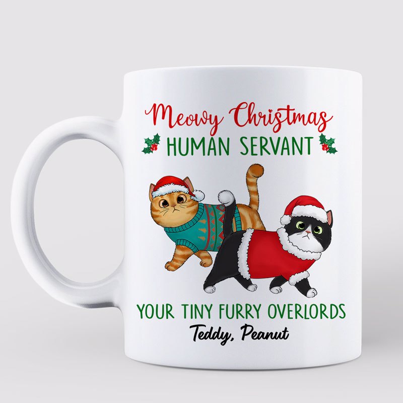 Merry Christmas Human Servant Walking Fluffy Cat Personalized Mug