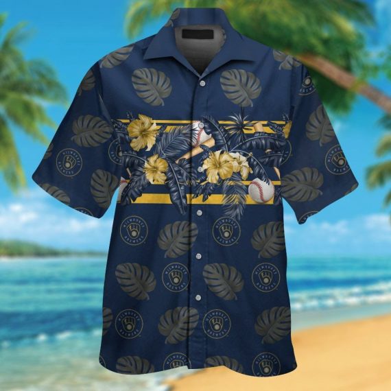 Unifinz Milwaukee Brewers Hawaiian Shirt Milwaukee Brewers Tropical Dark Blue Hawaii Shirt Milwaukee Brewers Aloha Shirt 2022