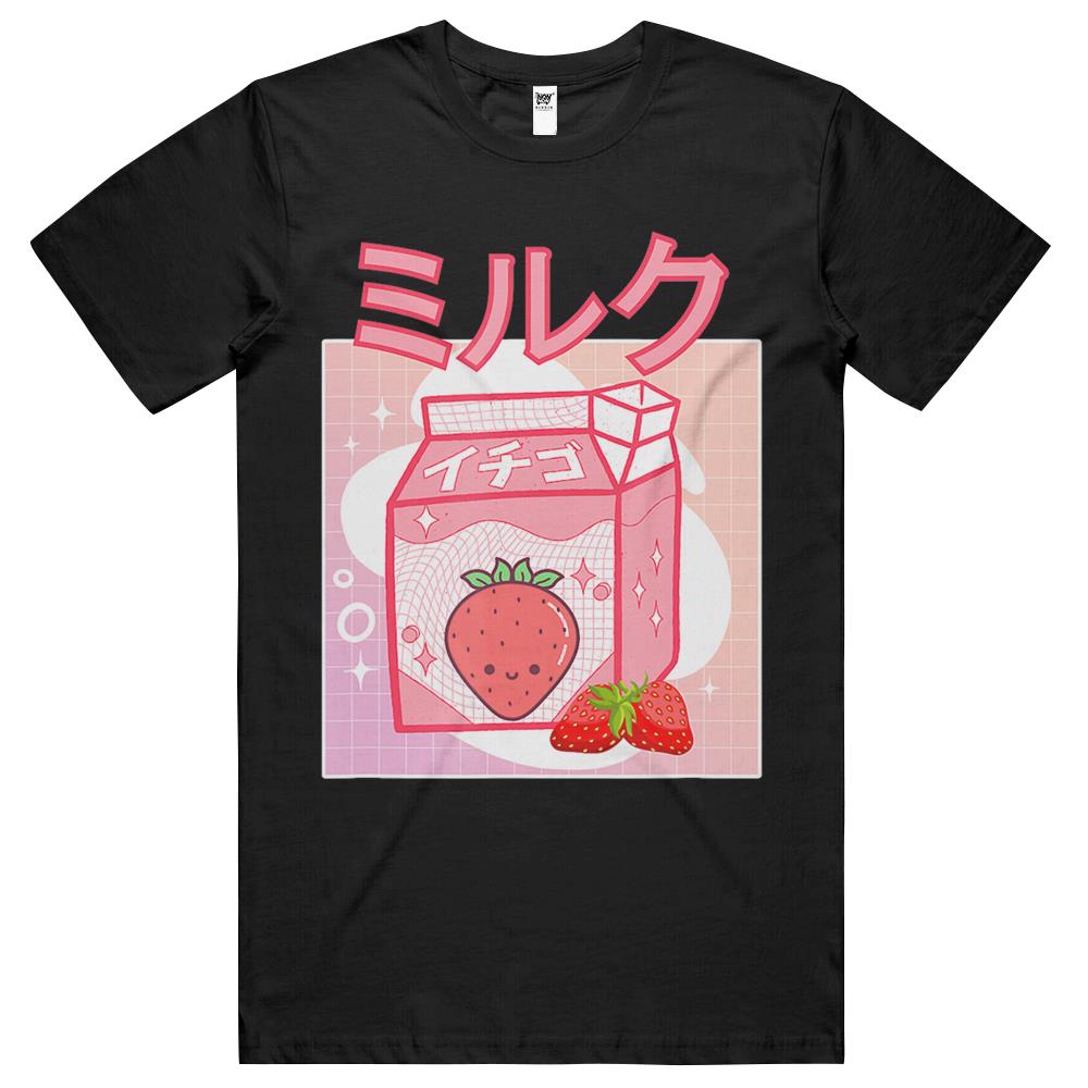 Cute Pink Strawberry Milk Japanese Kawaii Retro 90S Anime T Shirts