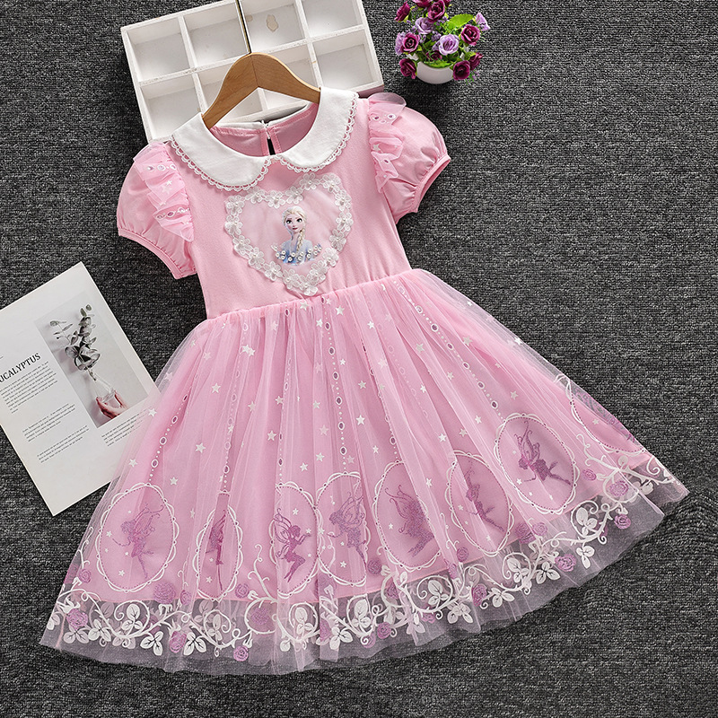 2022 Summer Frozen Elsa Princess Dress Girls Party Short Sleeve Cotton Lace Birthday Dresses Little Girl Cartoon Casual Clothes alx