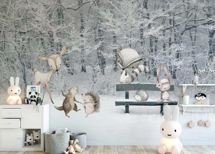 3D Hand Drawn Snow Forest Animal Wall Mural Wallpaper Lqh 488