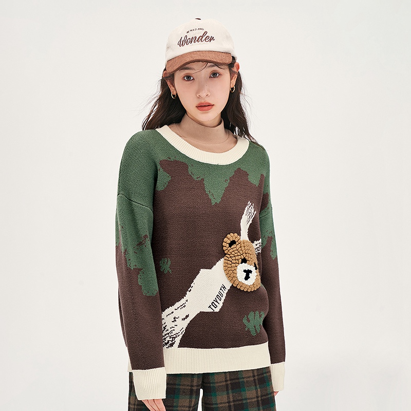 Toyouth Women Sweater 2022 Winter Long Sleeve O Neck Loose Knitted Pullover 3D Cute Bear Warm Casual Chic Tops alx