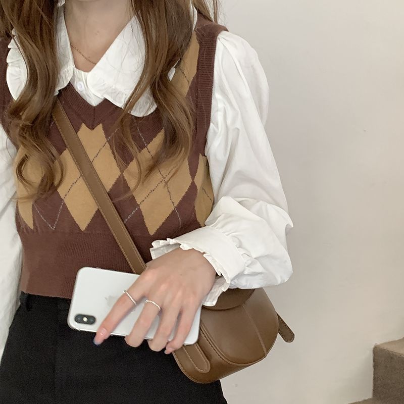 Sweater Vest Women Simple Argyle Vintage Cropped Womens Knitwear Classic England Style Casual V-Neck Spring Autumn Jumpers Retro alx