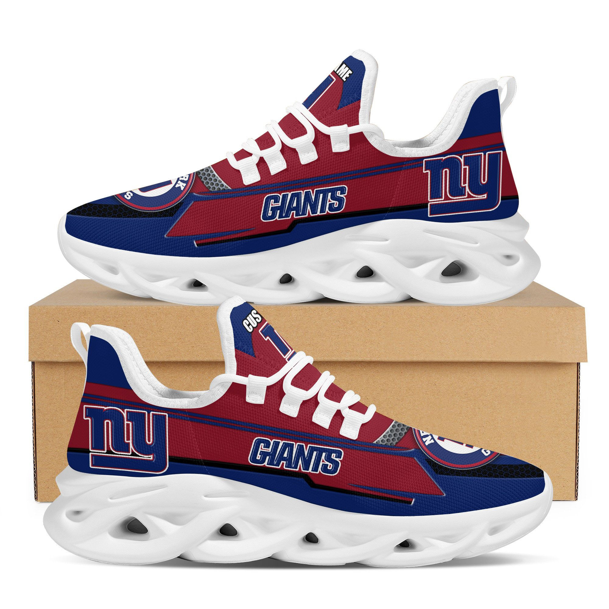 New York Giantsfootball Team Symbol Geometric Pattern Custom Name Personalized 3D All Over Print Max Soul Sneakers For Men And Women