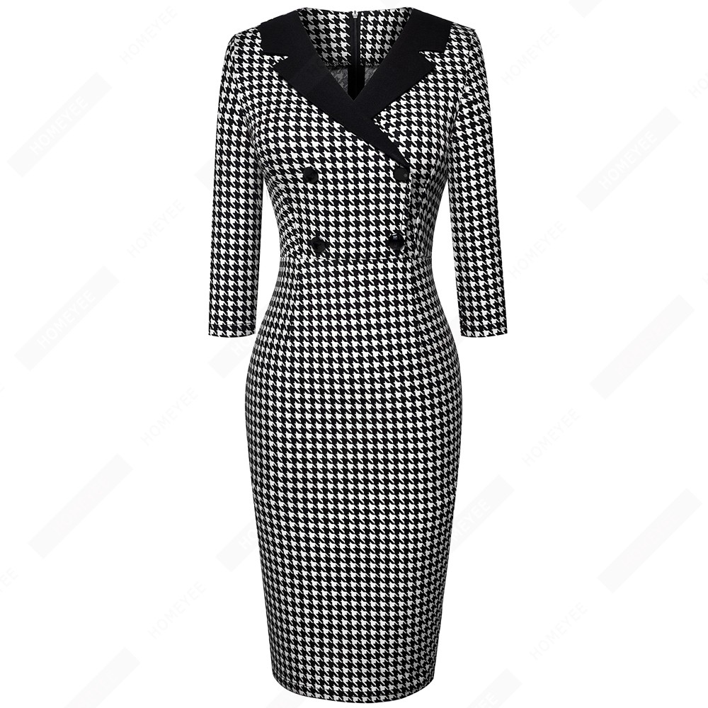 Vintage Classic Houndstooth Charming Fashion Chic Button V Neck Pencil Dress EB570 alx