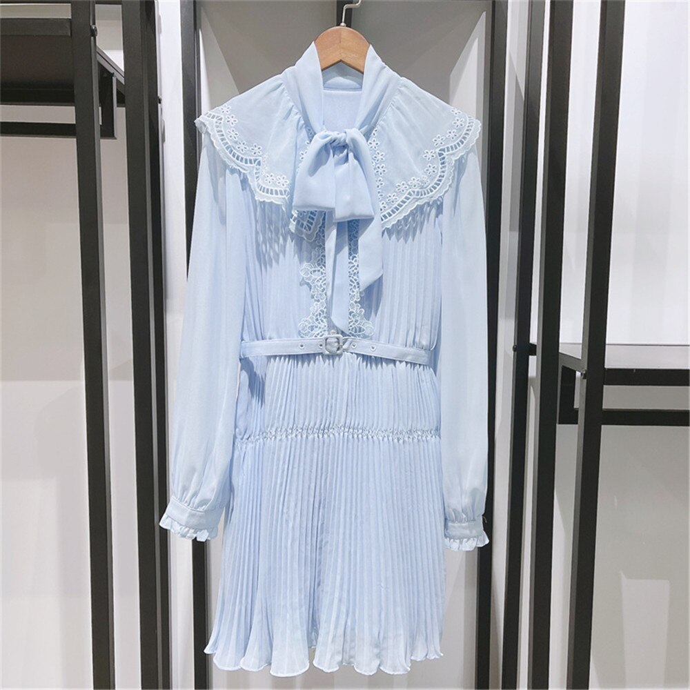 Women Light Blue Pleated Mini Dress Lace Embroidery Hollow out Bow Lace-up Long Sleeve Female Robe with Sashes 2022 Autumn alx