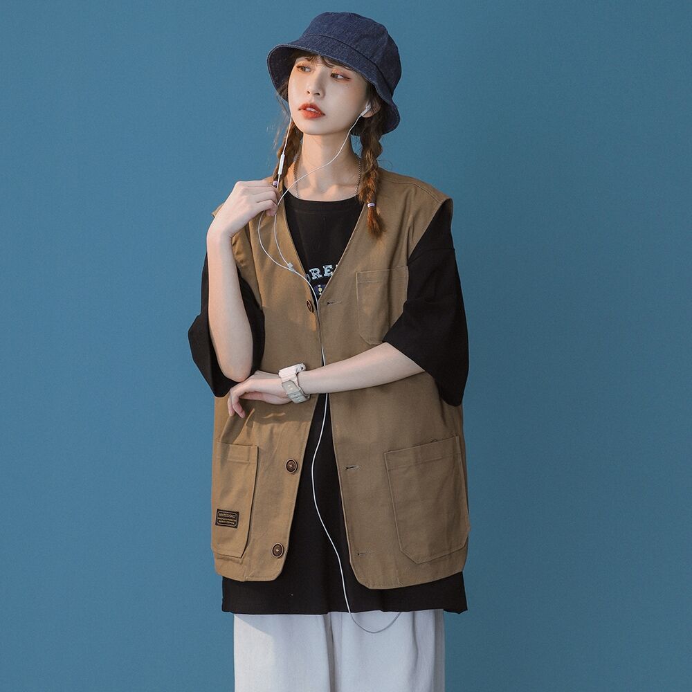 Vests Women Solid Loose All-match Button-up Coats Pockets Safari Style Vintage V-neck Waistcoats Tooling Stylish Outwear Unisex alx