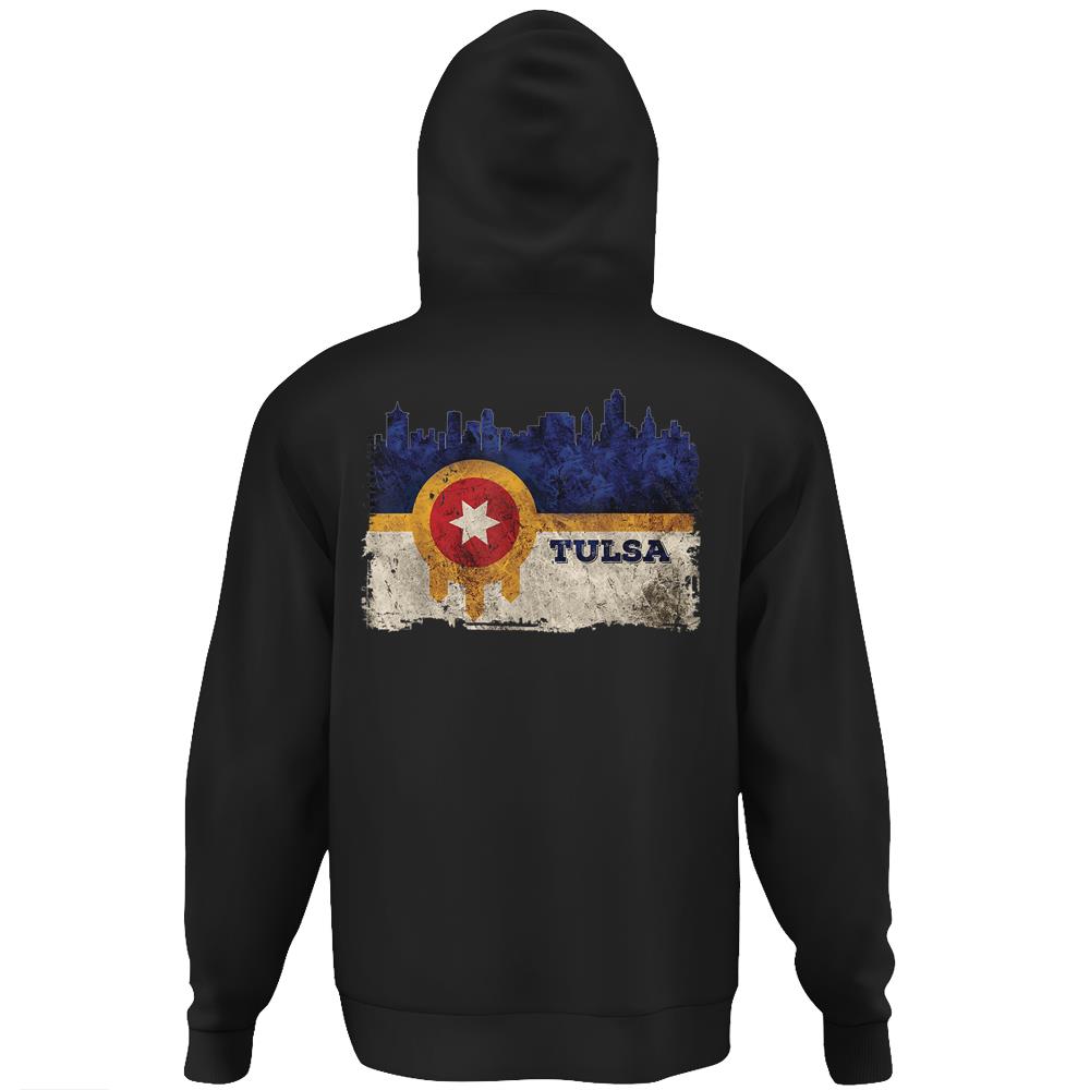 New Tulsa Flag Skyline Vintage Distressed Tulsa Oklahoma Hoodie Print On Back