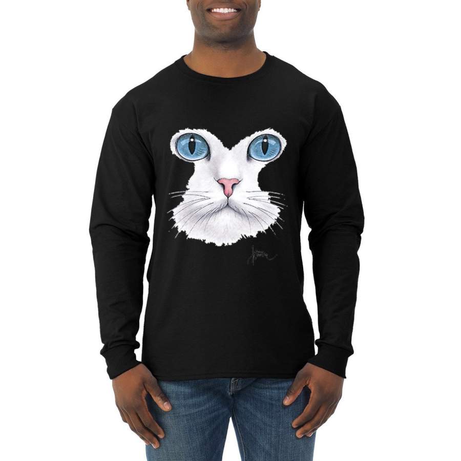 White Cat Face Animal Lover Mens Long Sleeve Shirt