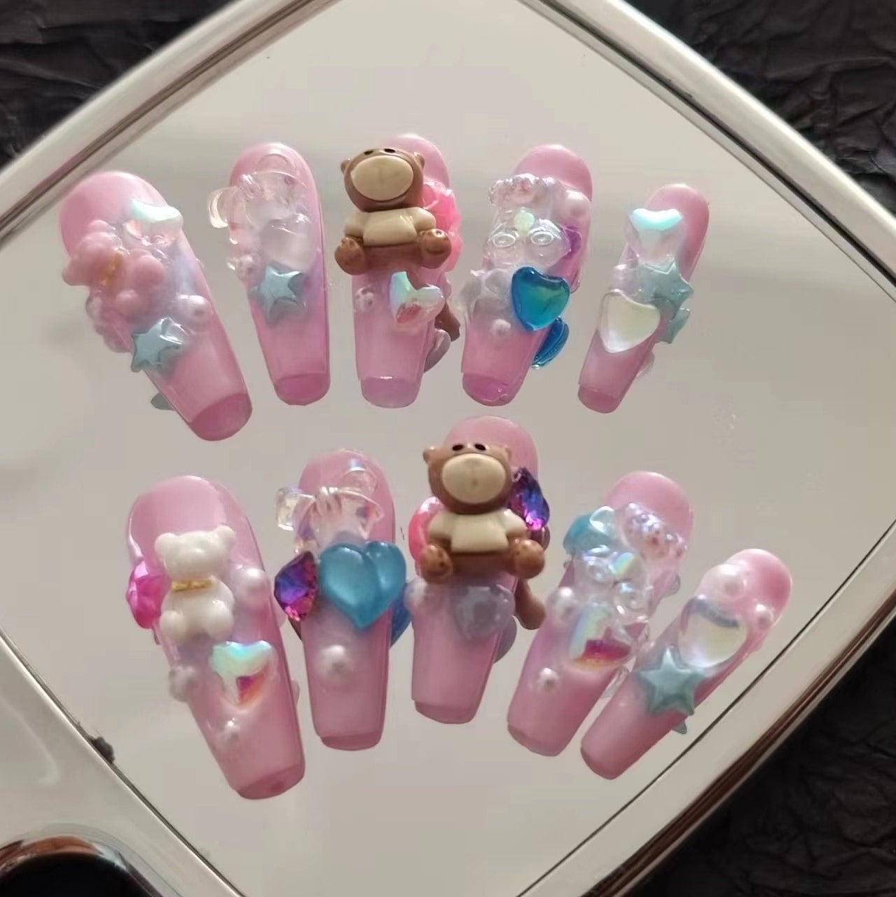 Pink Sky Bear Press On Nails/ Bear heart and bowtie Star Nails/ Lolita Nails/ Cute Fake Nails/Kawaii False Nails/ Princess Nails #145