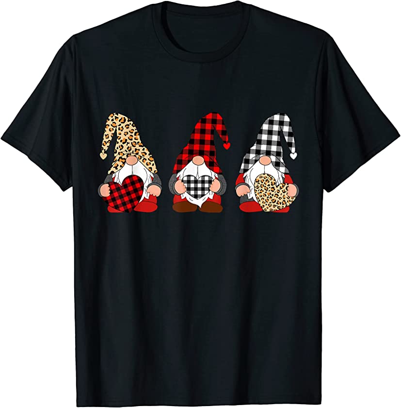 Three Gnomes Holding Leopard Heart & Plaid Valentine’s Day T-Shirt