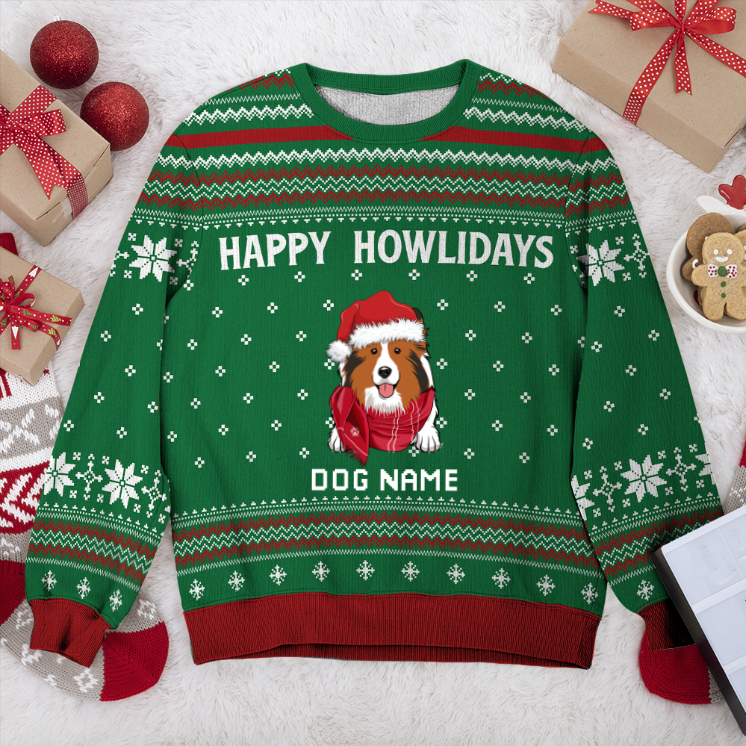 Shetland Sheepdog Happy Howlidays Personalized Sweater, Dog Ugly Christmas Sweater