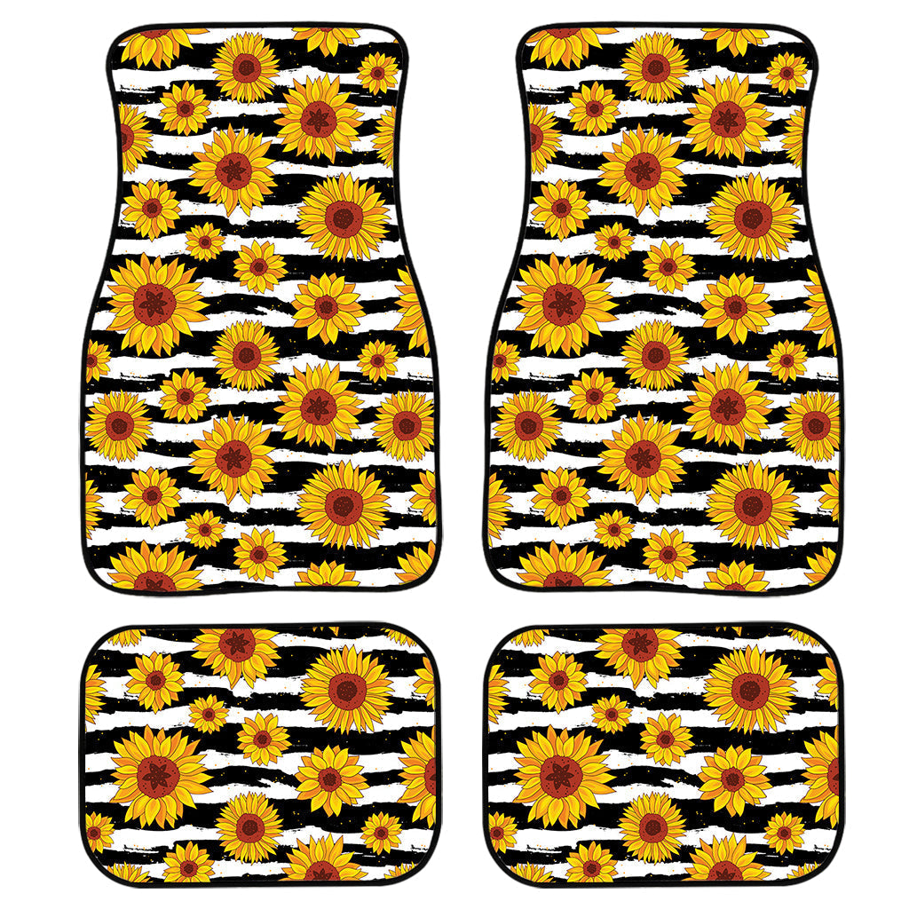 White And Black Stripe Sunflower Print Front And Back Car Floor Mats, Front Car Mat