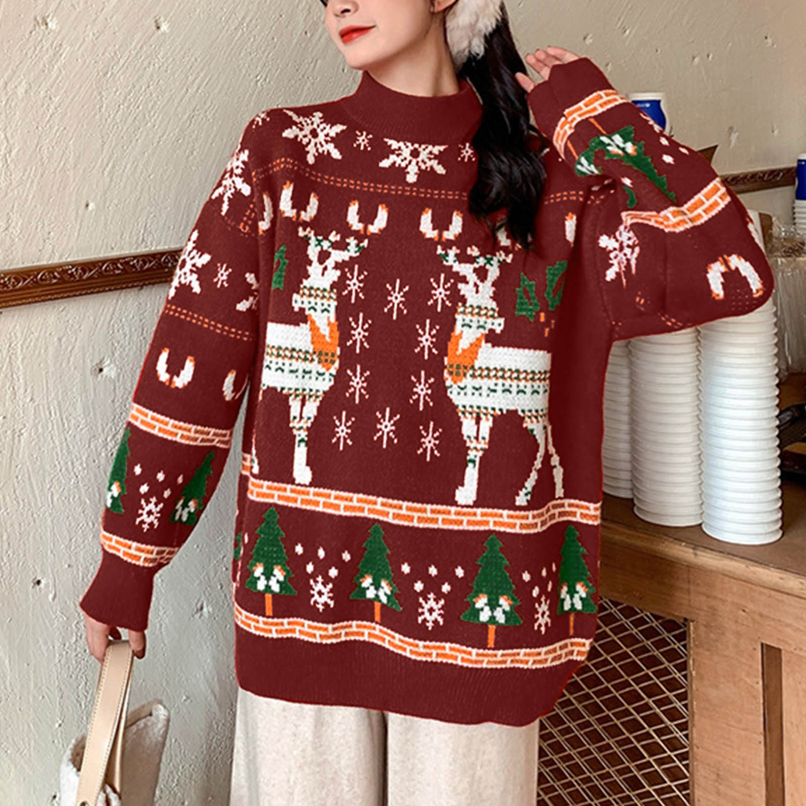 Xmas Sweater O-Neck Long Sleeve Ribbed Trim Pullover Sweater Jacquard Reindeer Snowflake Striped Print Christmas Sweater alx