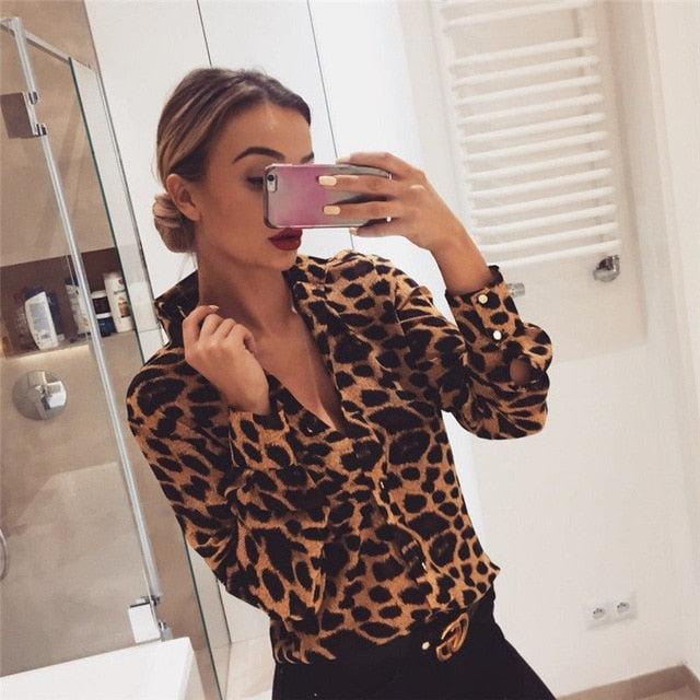 Leopard Print Long Sleeve Blouses