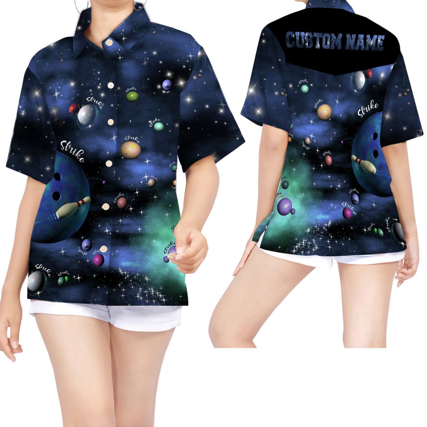 Beach Shirt Bowling Galaxy Custom Name Women Hawaiian Shirt For Sport Lovers