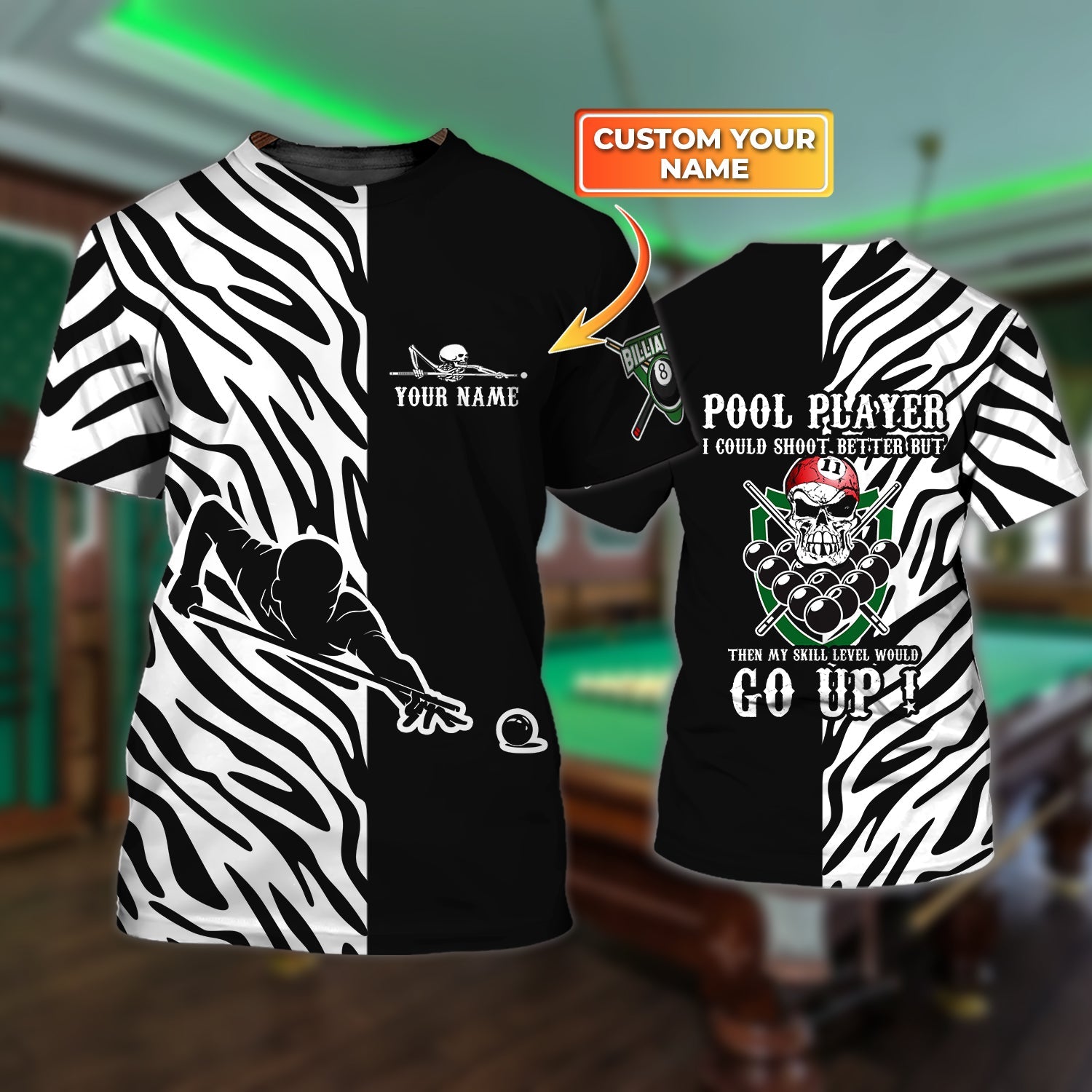 3D All Over Print Black And White Pattern Billiard Polo Shirt, Pool Player I Could Shoot Better But Then My Skill Level Would Go Up