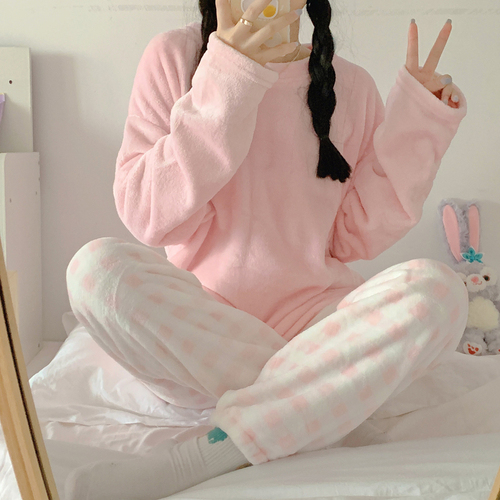 Winter Long Sleeve Pajama Sets Women Coral Velvet Loose Thick Thermal Sweet Kawaii Plaid Trousers Plush Sleepwear Windproof Cozy alx