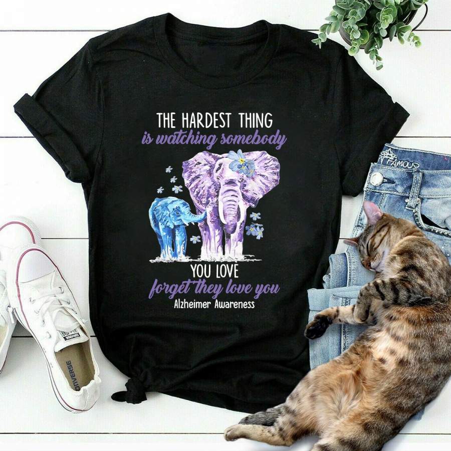 Alzheimer awareness the hardest thing is watching somebody you love elephants flowers black cotton t shirt for men and women S-6XL