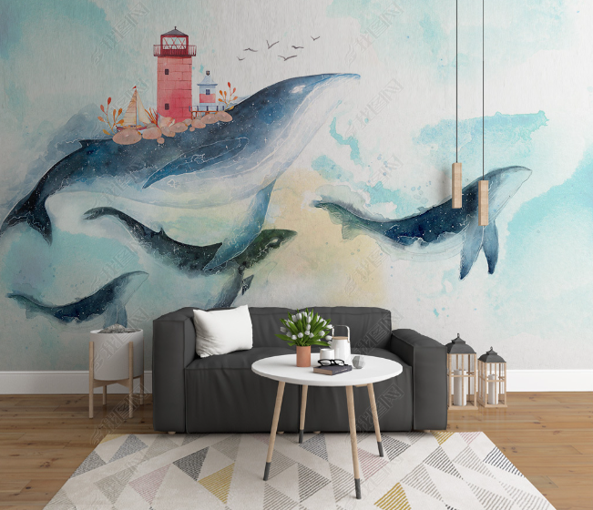 3D Watercolor Sea Whale Lighthouse Wall Mural Wallpaper Lqh 32