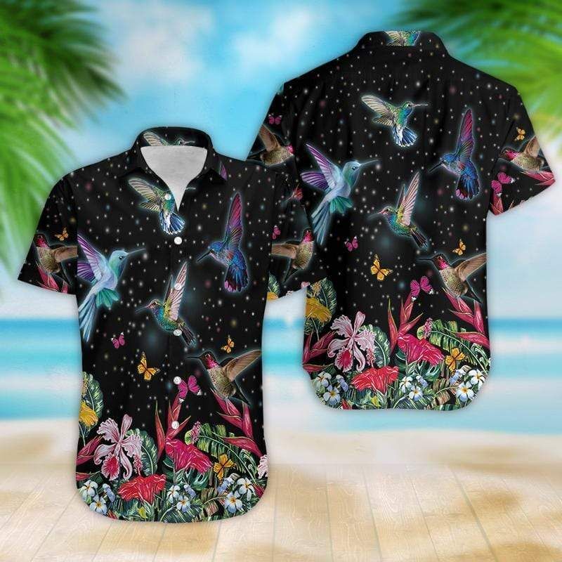 Sparkling Hummingbird In Flower Garden Hawaiian Aloha Shirts Dh