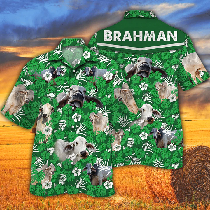 Cow Tropical Men Hawaii Shirts Brahman Cattle Lovers Green Floral Pattern Hawaii Shirt Ha97767