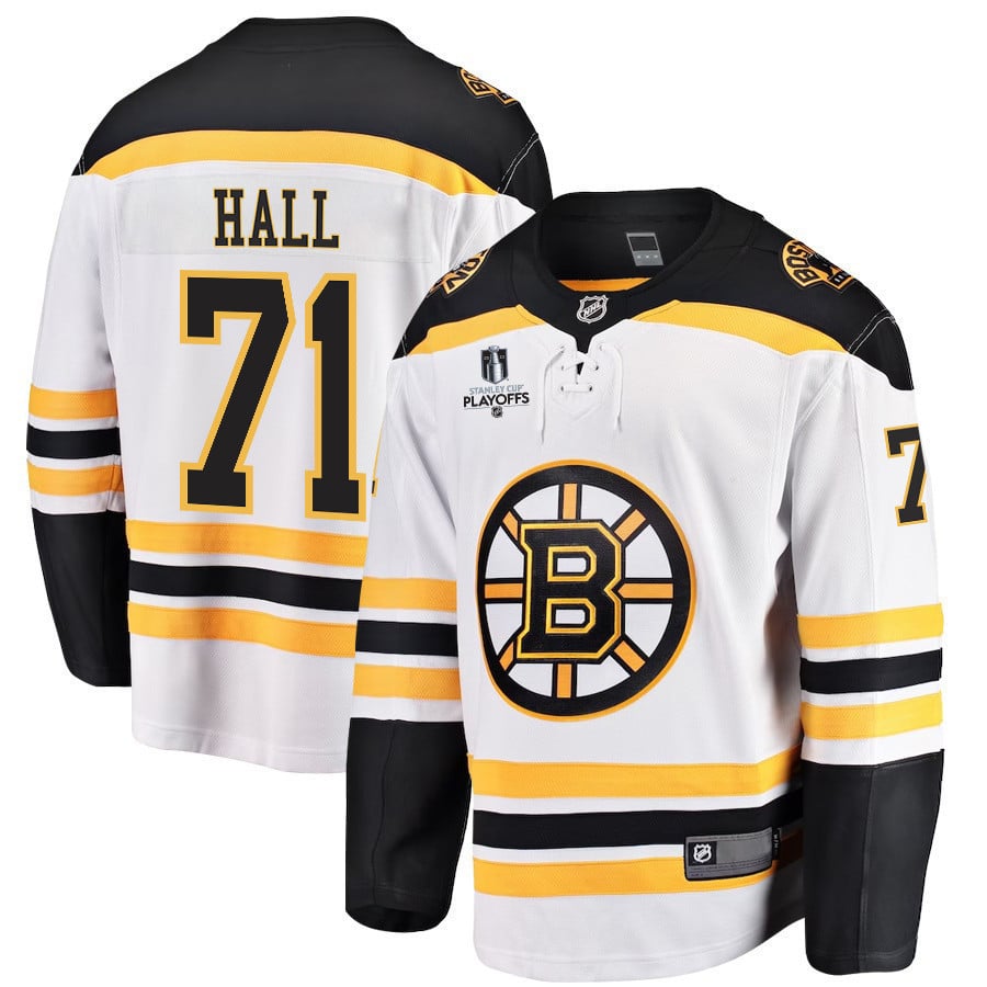 Taylor Hall 71 Boston Bruins Stanley Cup 2023 Playoffs Patch Away Breakaway Men Jersey – White