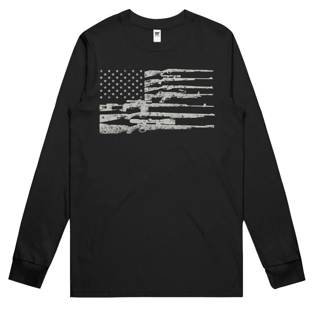 Big American Flag With Machine Guns T-Shirt 2A Flag Shirt Long Sleeve T Shirts