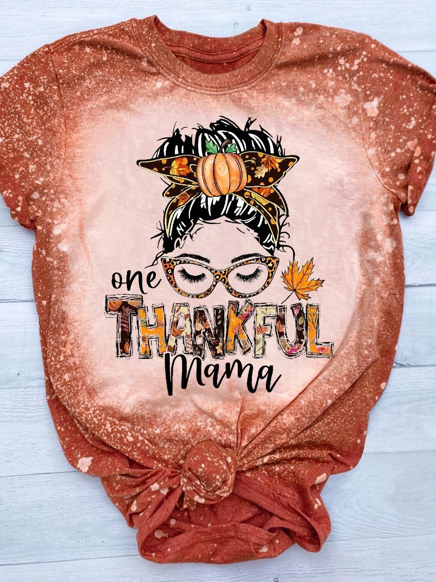 Thanksgiving Gifts For Mom Lover One Thankful Mom Autumn Leopard Pattern Bleached T Shirt Hg