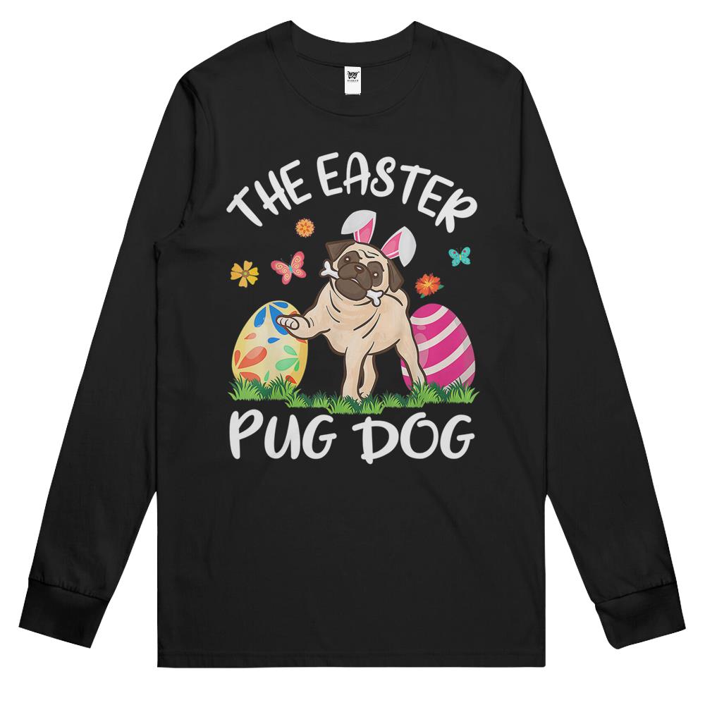 Kids Pug Dog Bunny Dancing Eggs Happy The Easter Pug Dog Long Sleeve T Shirts