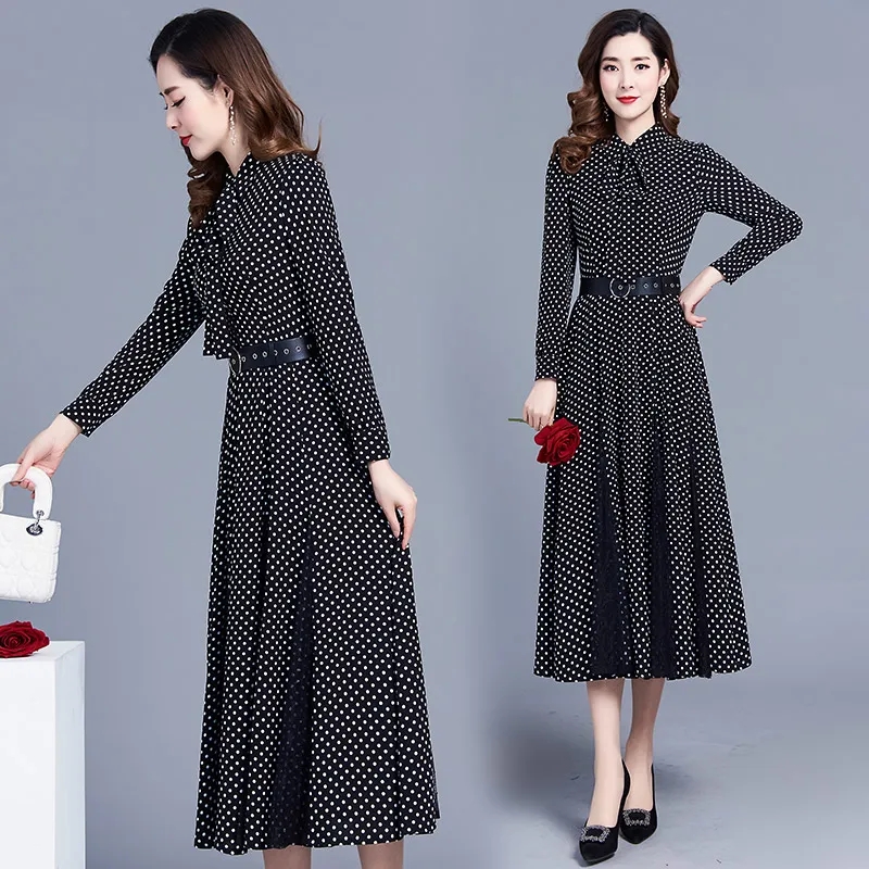 Vintage Dot Print Shirt Dress With Belt Women Spring Casual Long Sleeve Spliced Lace Midi Dresses Elegant High Waist Party Dress alx