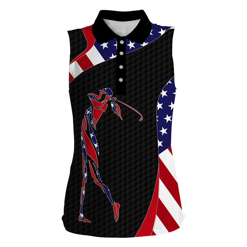 American Flag Patriot Golf Black Womens Sleeveless Polo Shirts – Golf Gifts For Women